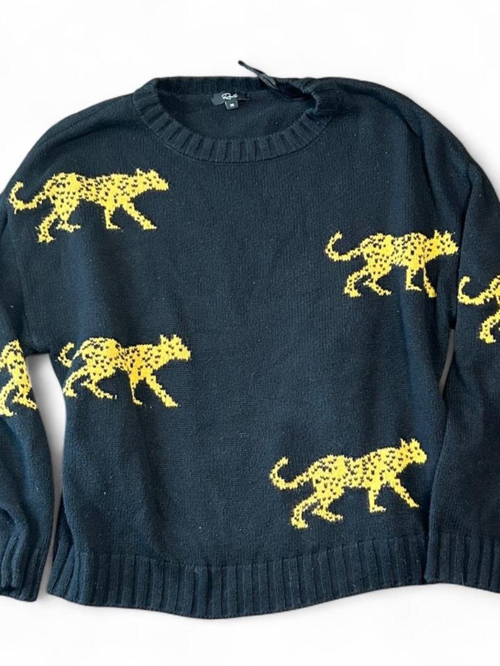 Rails Black Crewneck Sweater with Yellow Cheetah Motif